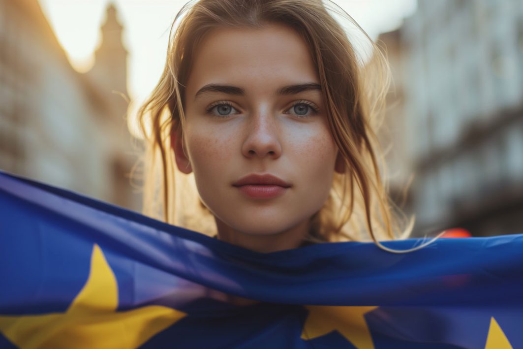 Ein Mädchen hält eine Europaflagge (KI-generiertes Bild)