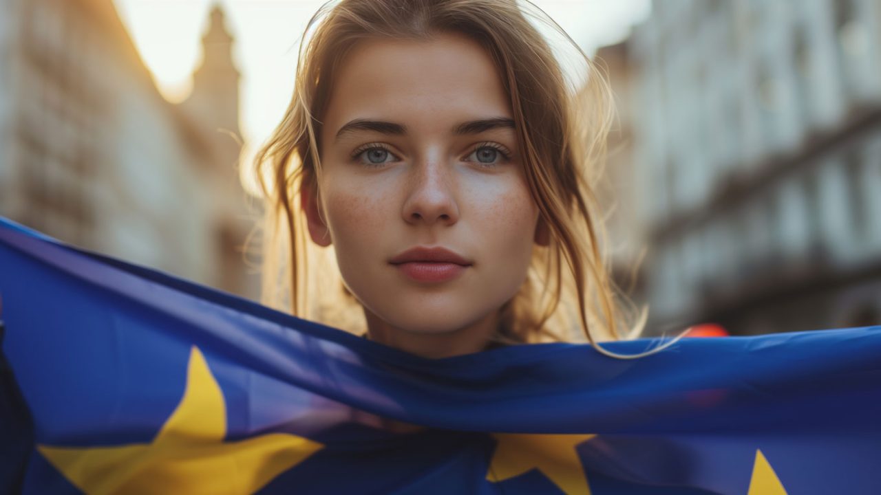 Ein Mädchen hält eine Europaflagge (KI-generiertes Bild)